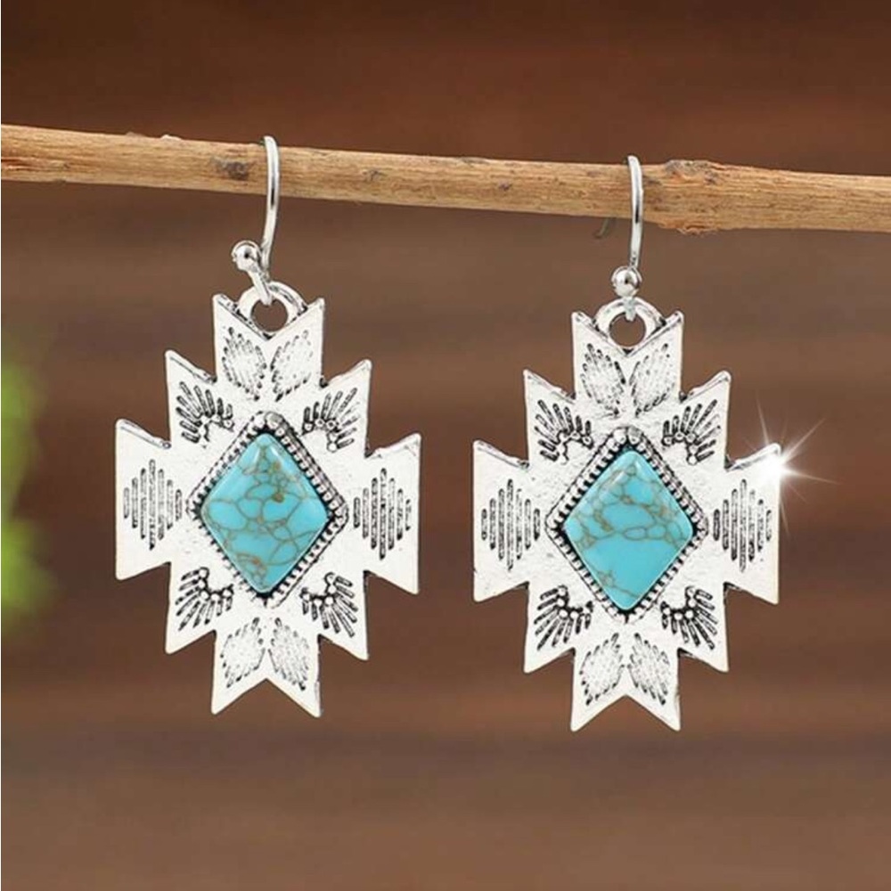 Vintage Distressed Western Carved Turquoise Inlaid Earrings